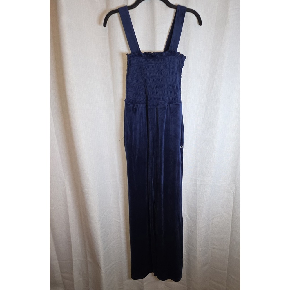 Juicy Couture Heritage Small Smocked Velour Jumpsuit  Blue Pockets Wide Leg